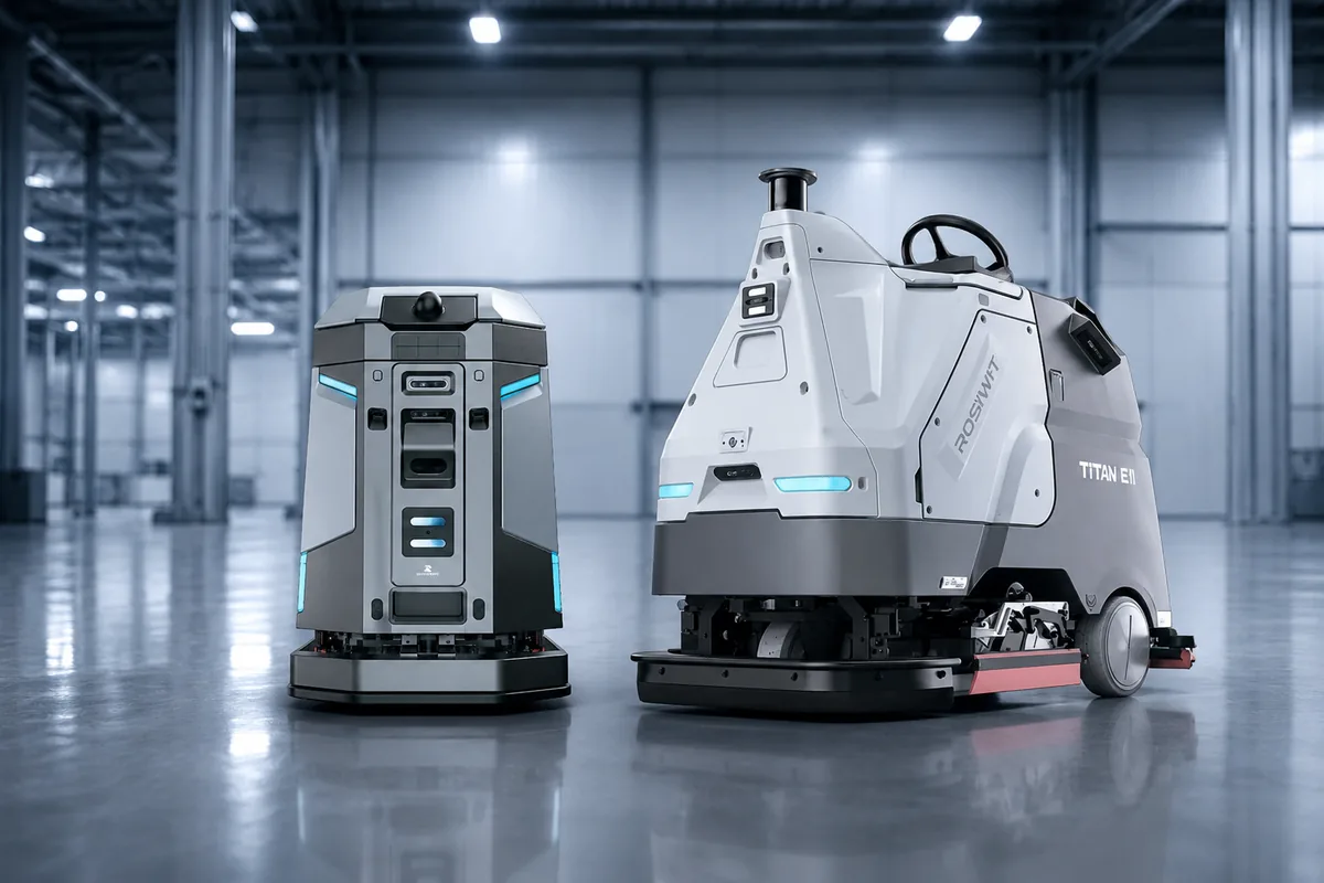 Autonomní úklidoví roboti Rosiwit Titan 810 a kompaktní robot v hale